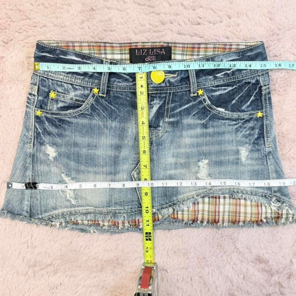 Liz Lisa Doll Denim Mini Skirt Y2K Low Rise Star Stud Distressed Womens S - Picture 8 of 8
